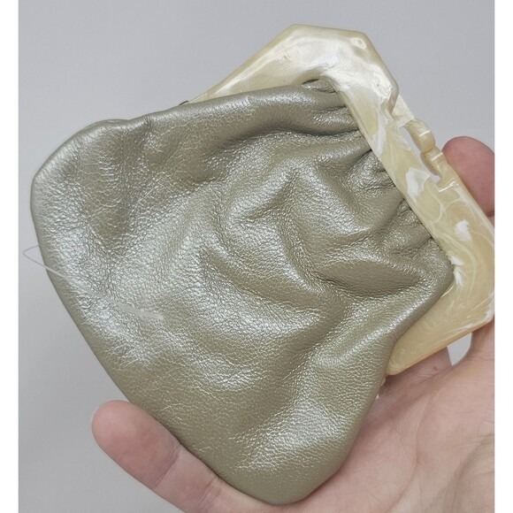 Vintage Green Italian Leather Cream Marbled Tortoise Shell Kiss Lock Coin Purse - Picture 2 of 8